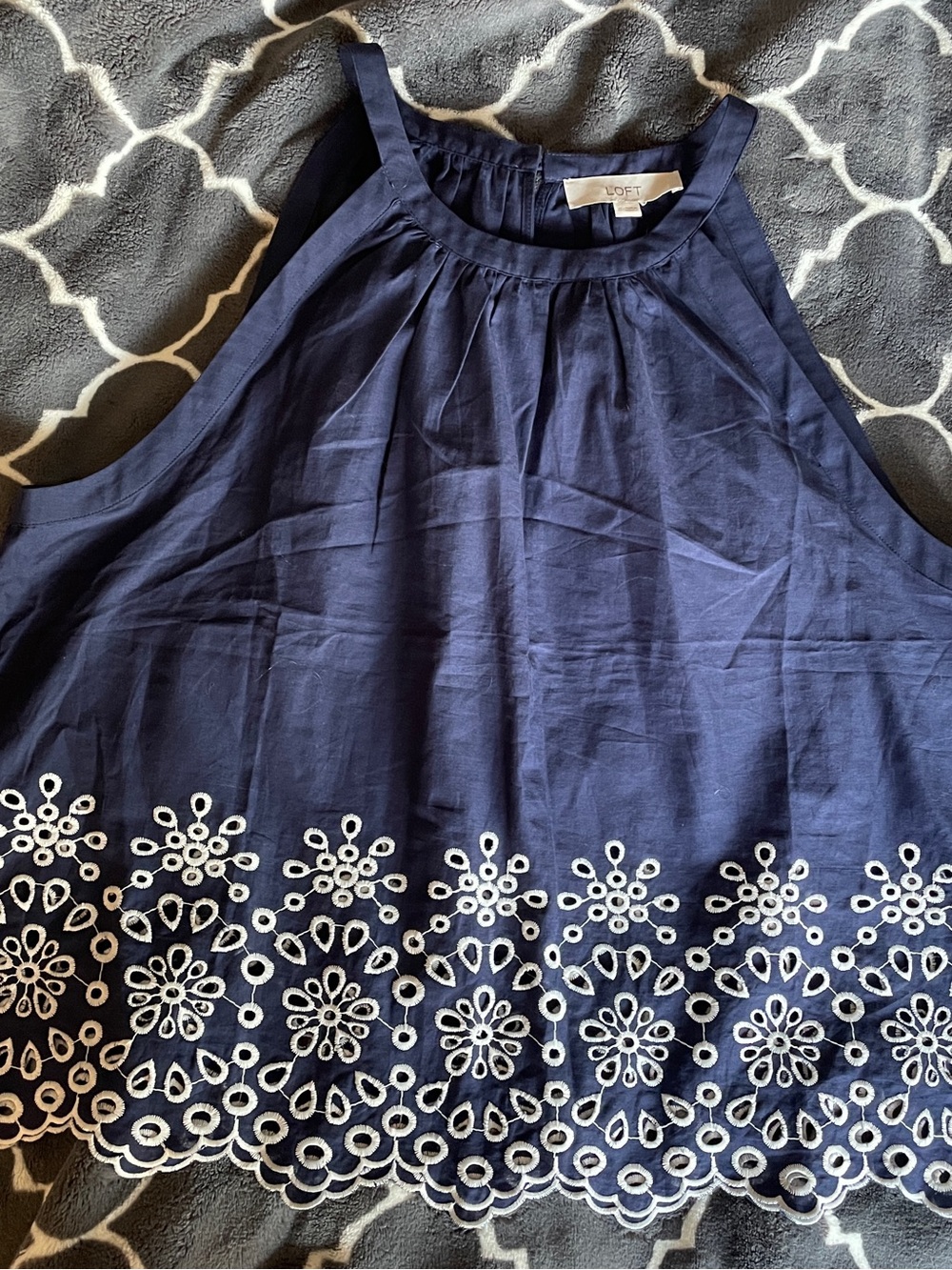 LOFT Navy Blue Sleeveless Tank with White Floral Eyelet Hem